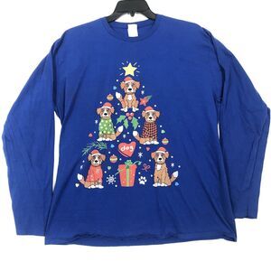 Port & Company Dog Christmas Tree Long Sleeve T Shirt Blue Men's 2XL Ring Spun